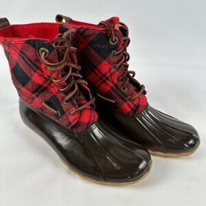 Sperry Top Sider Women’s Red and Black Buffalo Plaid Rubber Duck Boots Size 7
